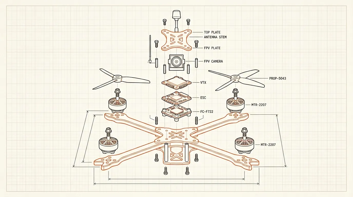 Exploded drone blueprint