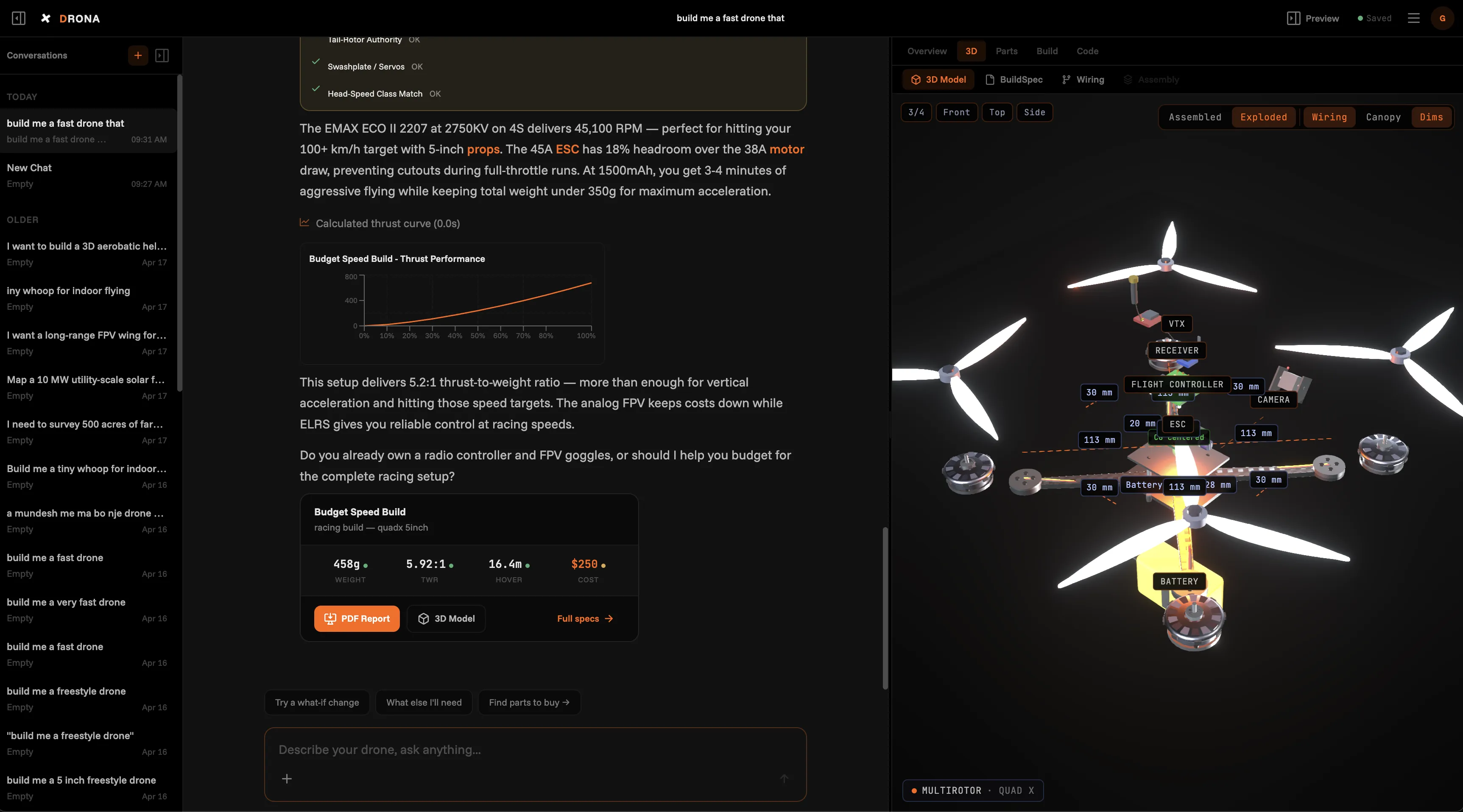 DRONA interface showing conversation, 3D airframe, and bill of materials